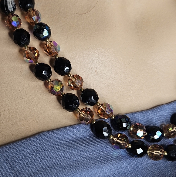 Vintage Black and Amber Faceted Lucite Beaded Double Strand Necklace 20" - Picture 3 of 6